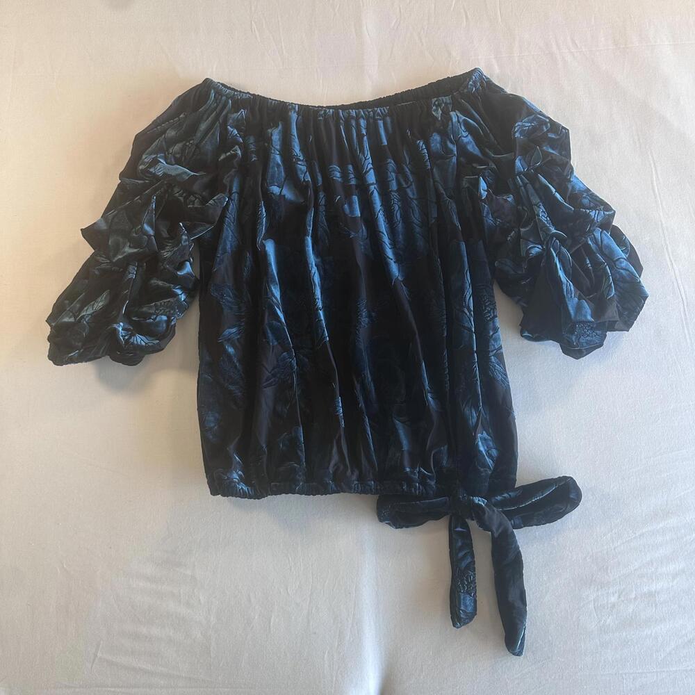 MSK Women's Black Green Velvet Floral Scrunched Sleeve Off The Shoulder Top Sz M